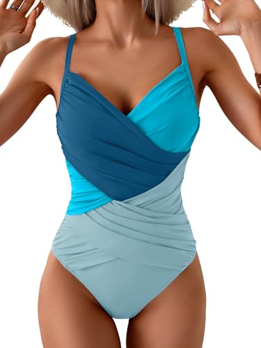 Image of B2prity Women's One Piece Swimsuit Tummy Control Criss Cross Slimming Bathing Suit Full Coverage Swim Suit V Neck Swimwear