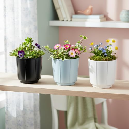 Image of Xtore 3 Pc Refined Minimalist White Ceramic Planter Pot for Indoor Plants & Tabletop Styling | Clean Cylindrical Form for Desk, Shelf & Home Decor (Pack of 3, Planters only)