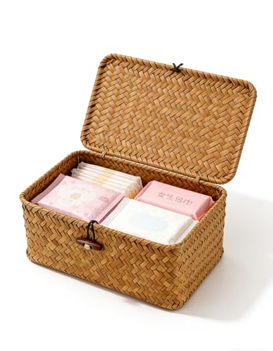 YRHOME Seagrass Rattan Basket Storage with Lid, Natural Hand-woven Rectangular