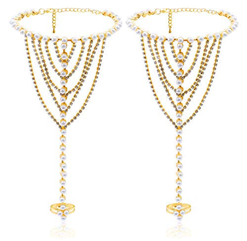 Bellady 2pcs Imation Pearl Anklet Ankle Chain Bracelet Beach Wedding Barefoot Sandals Foot Jewelry, Golden