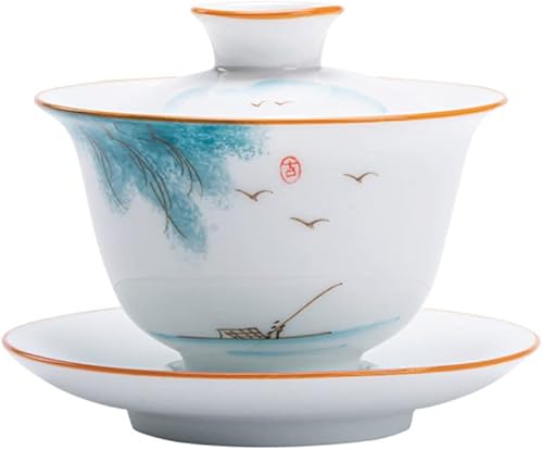 Emoyi Juego de tazas de té River Pattern Porcelana Gaiwan Kungfu Tazón de té con tapa y platillo 4.1 fl oz