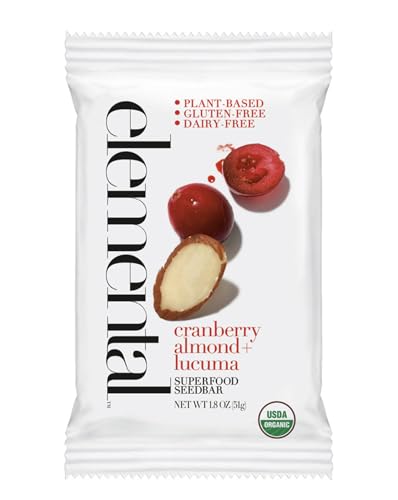 Elemental Superfood Seedbars, Cranberry Almond + Lucuma, 1.8 Ounce - 12 Pack, 100% Certified Organic, Non-GMO Verified, Gluten Free, Dairy Free, Plant Based