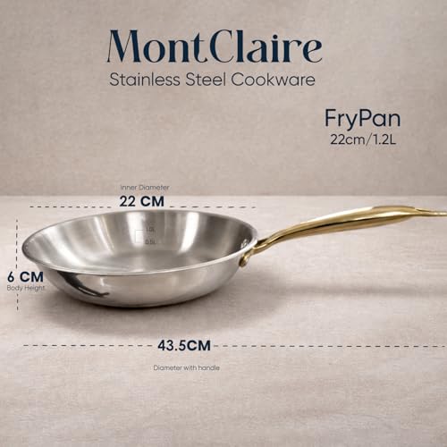 Image of SOLARA MontClaire Premium Triply Stainless Steel Frying Pan with Golden Handle, 22cm(1.7L) Fry Pan - Induction Friendly, Pan for Cooking, 100% Toxin-Free and Chemical-Free Cookware