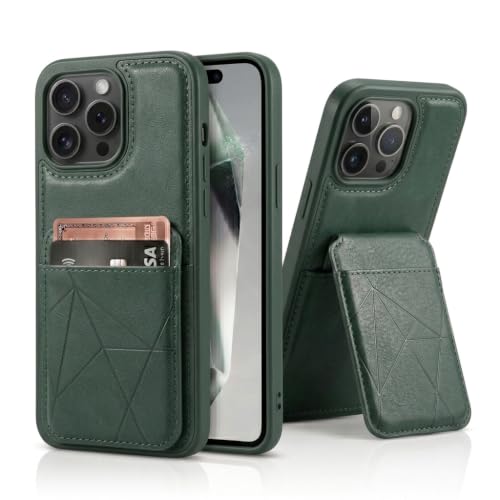 Image of amazon basics Premium Vegan Leather Back Cover with Card Holder and Integrated Mobile Stand for iPhone 15 Pro - Slim Shockproof Wallet Case with Geometric Stitching [Green]