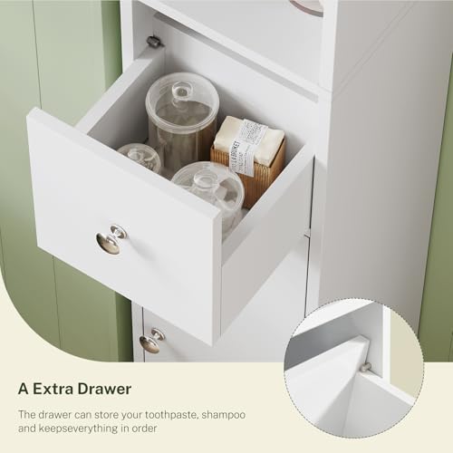 Image of TEENFON Bathroom Cabinet, Narrow Bathroom Storage Cabinet with 5 Adjustable Shelves & Drawer, Freestanding Cupboard for Small Spaces, White