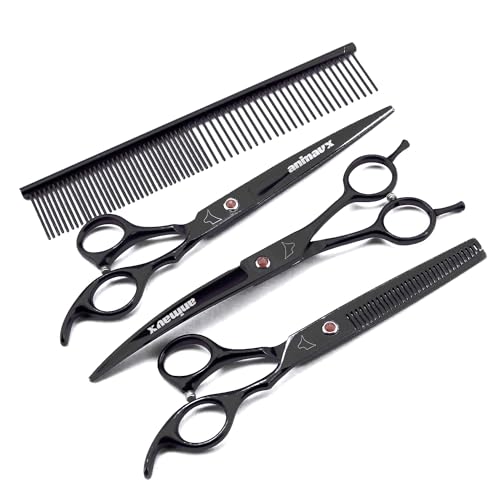 Kit 3 Tesouras e 1 Pente para Banho e Tosa Pet Shop 7 Polegadas (4 PEÇAS) ANIMAUX (Preto)