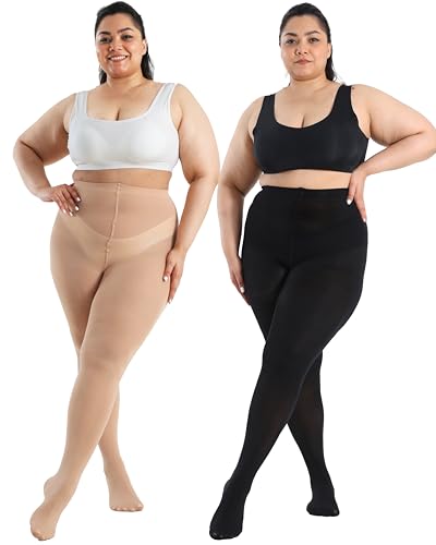 Image of CozyWow Plus Size Tights for Women 80D Soft Solid Color Semi Opaque Pantyhose High Waist 1X 2X 3X 4X