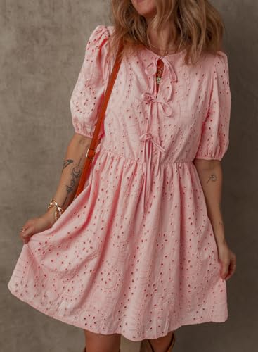 Dokotoo Summer Dresses for Women 2026 Fashion Tie Front V Neck Summer Dress Puff Short Sleeve A Line Hollow Out Lace Pink Dress Ruffle Cute Flowy Beach Cocktail Sun Dresses Medium — view 4