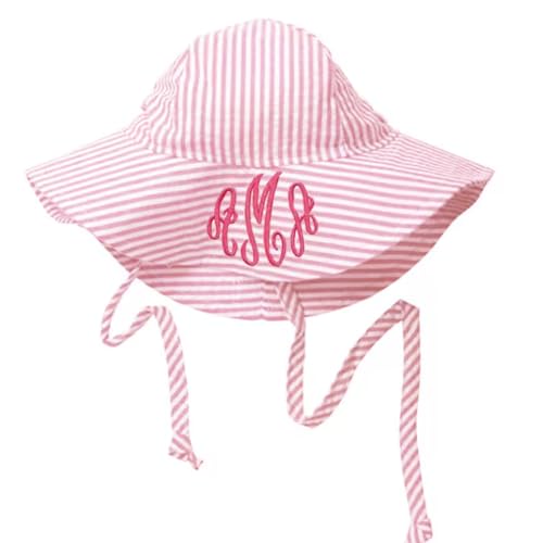 Custom Baby Sun Hats UPF 50+ Personalized Baby Bucket Hat with Embroidered Name-Baby Girl sunhat for toddler-pink Seersucker Baby Sun Hat - Summer baby Beach Hat for Girls 0-5 Aged2