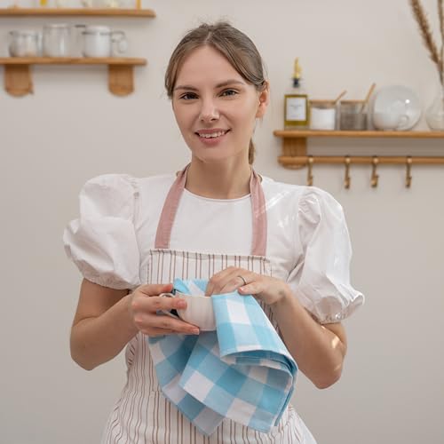 Image of Aqua 6 Pack Large Cotton Tea Towels - 30 inch x 20 inch with Hanging Loop - Highly Absorbent, Lint-Free, Washable Teal Kitchen Towels - Plaid Pattern
