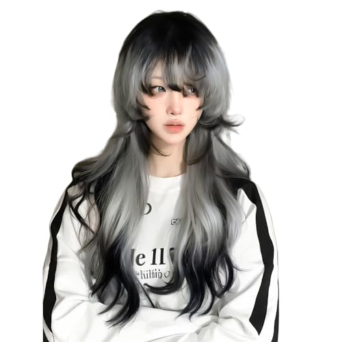 huafan luxkazya Black White Gradient Long Wavy Wig for Women