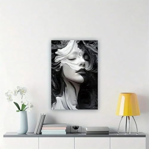 Toile abstraite visage fluide : la solution déco rétro noir et blanc sans cadre 70x110 - 3