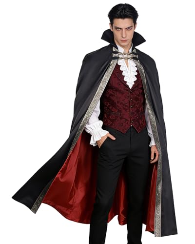 Joukavor Mens Vampire Cape with Stand Up Collar - Victorian Gothic Cloak for Renaissance & Halloween Cosplay (Black)