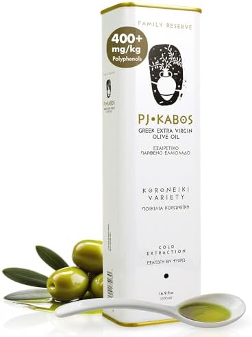 P.J. KABOS 2024/25 Harvest, High Phenolic (450+mg/kg), Premium Greek Extra Virgin Olive Oil, Kosher, Greece, Cold Extracted, 16.9 oz Tin, Koroneiki, "Family Reserve - Medium"