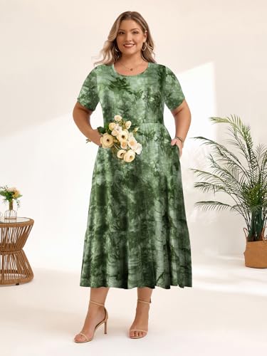 Image of LARACE Plus Size Dresses for Women Summer Casual Short Sleeve Long Dress Flowy Maxi Beach Dresses with Pockets L-6XL