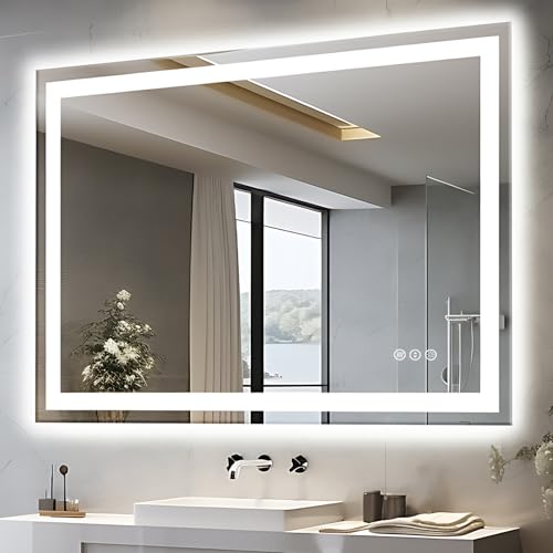 48"x40" LED Lighted Bathroom Mirror with Front Light and Backlit, Anti-Fog Bathroom Mirror with Lights, Stepless Dimmable LED Mirror, 3 Colors Smart Mirror (Horizontal/Vertical)