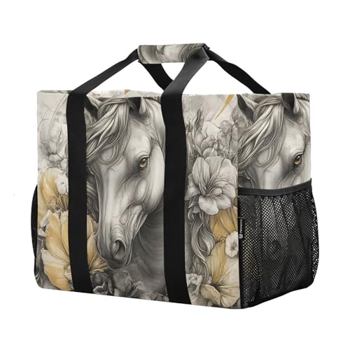 Horse Floral Large Tote Bags for Women Canvas Tote Purse Reusable Grocery Bags Top Handle Handbags for Travel, Work4