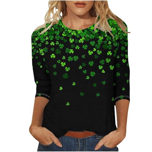 CGGMVCG St. Patricks Day Shirt für Damen, 3/4-Ärmel, Kleeblatt-T-Shirt, modisch, Rundhalsausschnitt, Kleeblatt-Druck, irische Festival-Kleidung, Z002 Schwarz, M