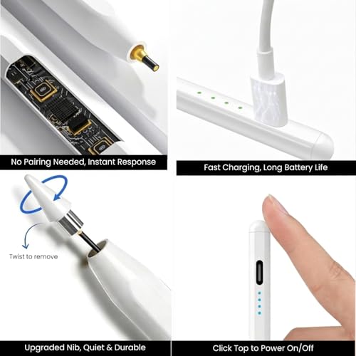 Image of Virtutron Stylus Pen for iPad | Palm Rejection & Tilt Sensitivity | Type C Charging Digital Pencil Compatible with iPad 2018 & Later, iPad 6 /7 /8 /9 /10th Gen, Pro 11 /12.9, Air 3 /4 /5, Mini 5 /6 (White)
