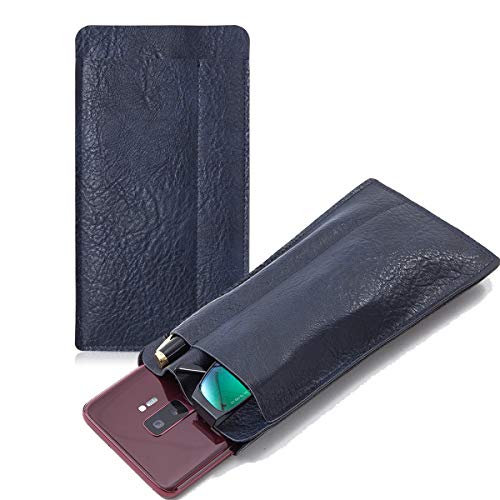 TRIUMPH VISION Double Eyeglasses Sunglasses Pouch, Exterior Leather Interior Soft Lining, 3 Compartments Sleeve, Keep Glasses Safe Organized, Navy, L