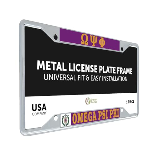 Desert Cactus Omega Psi Phi Car Accessories Omega Ques Metal License Plate Frame and Tag Holder for Front or Rear of Vehicle (Crest)