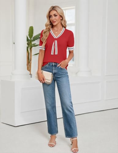 Image of Womens Knit Top Short Sleeve Sweater Work Summer Tops Cute Business Blouse | Lightweight Cute Bow Tie Sweater 2026 Chic V Neck Business Casual Outfits Tops