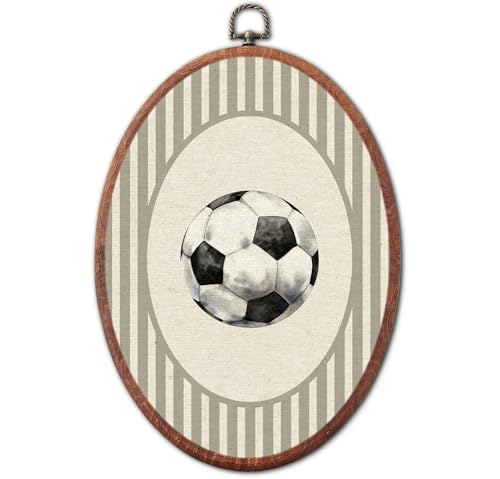 Vintage Soccer Ball Sport Nursery Oval Wall Art, Brown Stripe Canvas Prints Framed, Farmhouse Retro Decor Wall Art Hanging Decor for Kids Toddler Room Playroom Decoration, 8.6x11.4 Inch