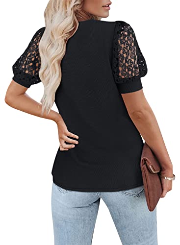 DOROSE Women's Puff Sleeve Tops Lace Casual Loose Summer Blouses T Shirt4