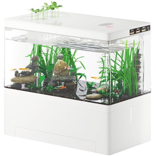 Yjhyuxi 水槽 セット 小型 アクアリウム【インボイス制度登録店】メダカ飼育水槽 フルセット 静音 USB式で省エネ LEDライト付 底部濾過システム搭載 フィルター付 初心者にやさしい ベタ/金魚/熱帯魚 卓上用 取扱説明書付(ホワイト,L)