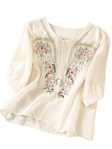 Women's Embroidered Cotton Tops Summer 3/4 Length Sleeve Round Neck Blouse Casual Loose Fit Tunic
