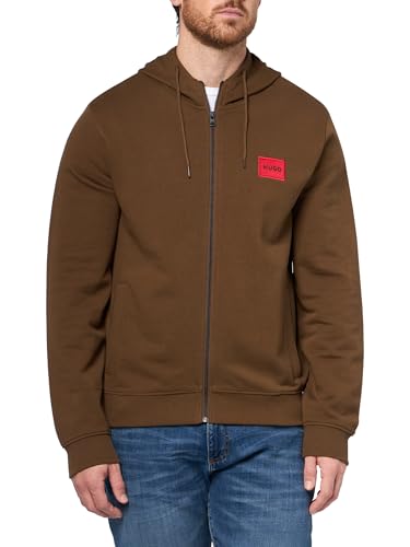 Image of HUGO Men's Regular Fit Square Logo Jersey Hooded Zip Up Sweatshirt, Dark Sepia, L