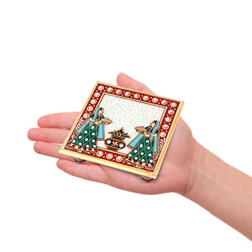 Image of Handicrafts Paradise (4 x 4 inch, Set of 10 Pc) Marble Pooja Chowki with Kalash (Multicolour) Home Mandir, Idols Statues Pratima, Home Decor Showpiece for Bulk Return Gifts