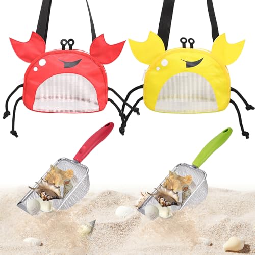 BAIRUYAO 4PCS Beach Toy Mesh Shovel and Mesh Beach Bag Seashell Bag,for Sand Filter & Collect Shells,Sand Sifter Shell Collecting Tools (Red-Yellow)