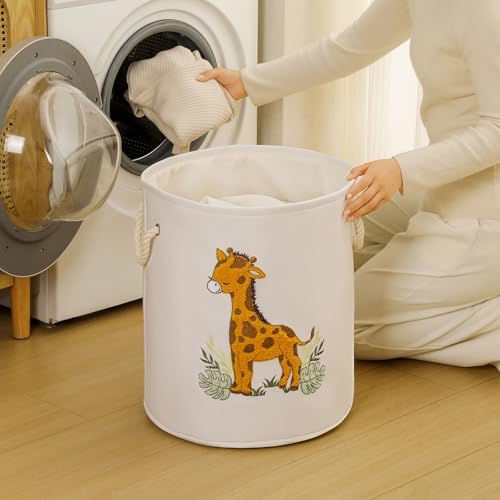 Image of Kids Laundry Basket Baby Hamper for Nursery, Canvas 58L Large Dirty Clothes Hampers with Drawstring Closure, Jungle Theme Baby Basket, Animal Baskets Toy Laundry Hamper, Safari Nursery Decor, Giraffe