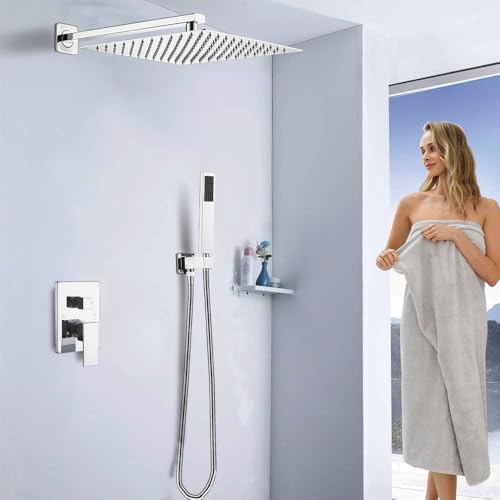 Image of Shower Faucet Set 16 Inch Wall Mount Rain Shower System, All Metal Shower Fixtures - Polished Chrome