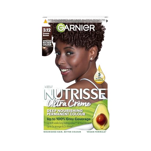 Image of Garnier Nutrisse Ultra Crème Vegan Hair Dye, 3.12 Frozen Brown. Offers 100% grey coverage and cool, sophisticated 8-week colour. Gentle, no-ammonia, and vegan for a modern, frozen brown look.