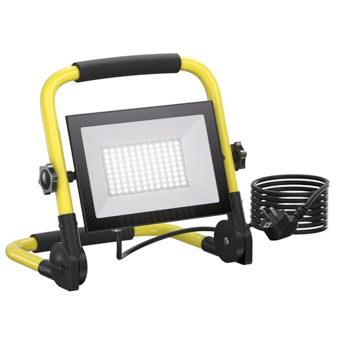 Foco de Trabajo 100W, 10000LM Portátil Luz de Construcción con Cable de 3m, 6500K Luz Blanca, Exteriores Impermeable IP66 Foco LED Portátil con Giratorio 360º para Obra, Taller, Garaje