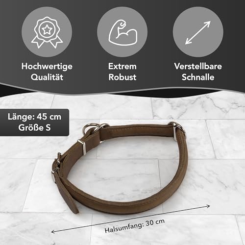 Rund & Weich - Zugstopp Hundehalsband Braun S - 45cm Lederhalsband mit Zugbegrenzung und Verstellbarer Schnalle, Dressurhalsung, Zugstopper, robust, Rindsleder