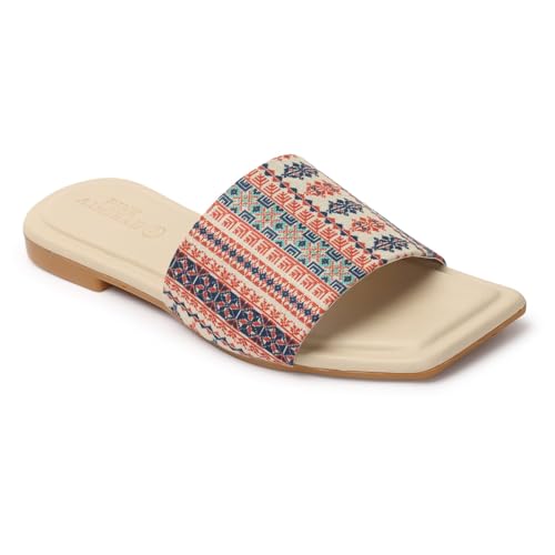 Image of XE Looks Women's Ethnic Slide Sandals | Soft Cushioned Flat Slippers | Comfortable Slip-On Slides for Women & Girls