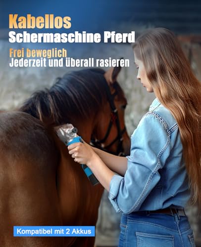 oneisall Schermaschine Pferd 2 Akkus, Professionen pferde schermaschine für Dickes und Verfilztes Haar, kabellose Schermaschinen pferde mit 2400 PRM/MIN Leistungsstarkem Motor (Blau)