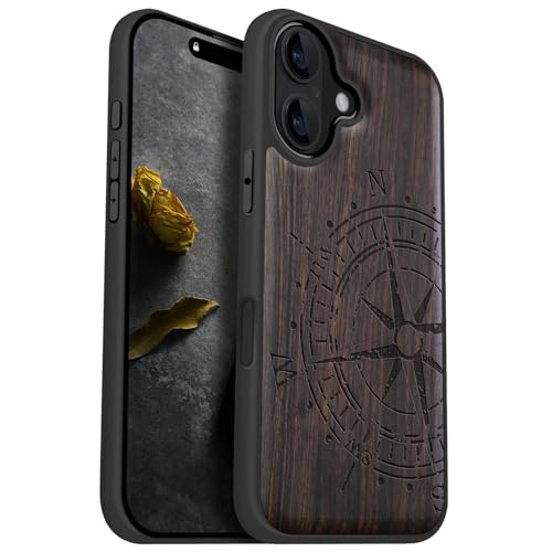 Carveit Magnetic Wooden Case for iPhone 16 Case, Wood Artisan Engraved & Black Soft TPU Shockproof Cover, Compatible with MagSafe Wireless Chargers (The Incomplete Compass) Blackwood