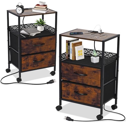 Yosamy Juego de 2 mesitas de noche con enchufe