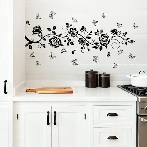 FUFUQUARE Flower Vine Decals Flying Butterfly Black Floral Wall Stickers Removable Wall Art Decor for Living Room Bedroom - 1