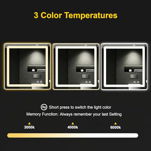 Image of LED Bathroom Mirror with Lights, 30 inchx30 inch Lighted Vanity Mirror for Wall | Anti-Fog, Dimmable 3 Color Light, Backlit+Frontlit, Shatterproof Tempered Glass, Memory Function