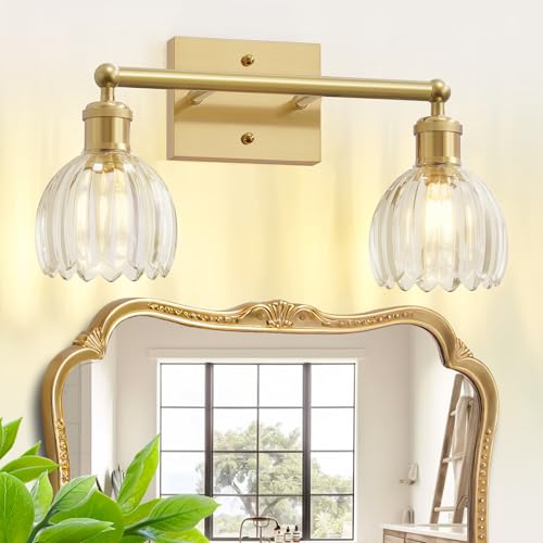 Image of Vintage Bathroom Light Fixtures,2-Light Rustic Vanity Lights for Bathroom,Hallway,16.5 in Brass Vanity Lights,Tulip Light Fixtures for Mirror with Clear Tulip Glass Shade for Bedroom,E26 Base