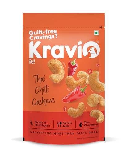 Image of Kravio Premium Thai Chilli Roasted Cashew Nuts 200g | Zero Cholesterol Natural Jumbo Size Whole Kaju Nuts & Dry Fruits | Rich in Protein, Roasted Crunchy Delicious Healthy Snacks