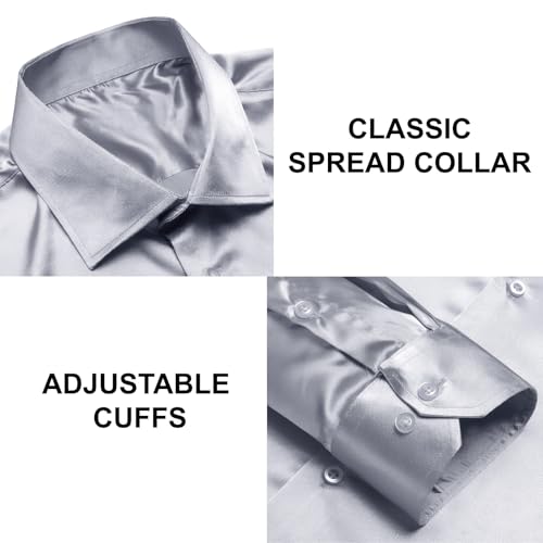 Image of Hi-Tie Men's Silk Satin Dress Shirts Long Sleeve Shiny Casual Button Up Shirts Luxury Party Disco Prom Wedding Shirt