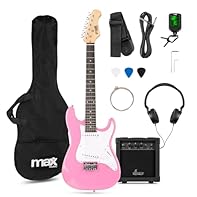Perfect first electric guitar set for kids aged 8-13, featuring a classic 3/4 size pink guitar with 21 frets, a 20 watt amplifier, and everything needed to start playing straight away—ideal for beginners All-in-one junior electric guitar kit includes...