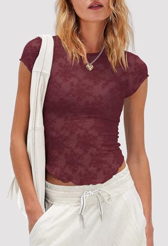 ReachMe Short Sleeve Mesh Top Women Sheer Lace Tops Cap Sleeve See Through Tops Summer Sexy Fitted Slim Fit Shirts4