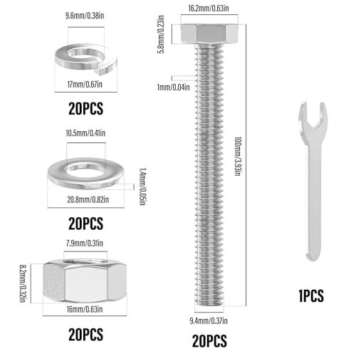 Image of 10PCS 3 /8-16 x 4 304 Stainless Steel Fully Threaded Bolt with Nut Flat & Lock Washers and Spanner
